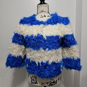 Toscana Merino Sheepskin Shearling Coat Jacket Lamb Fur Cobalt Blue White Stripe